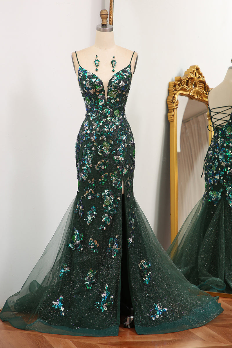 Load image into Gallery viewer, Dark Green Mermaid Spaghetti Straps Beaded Prom Dress With Split