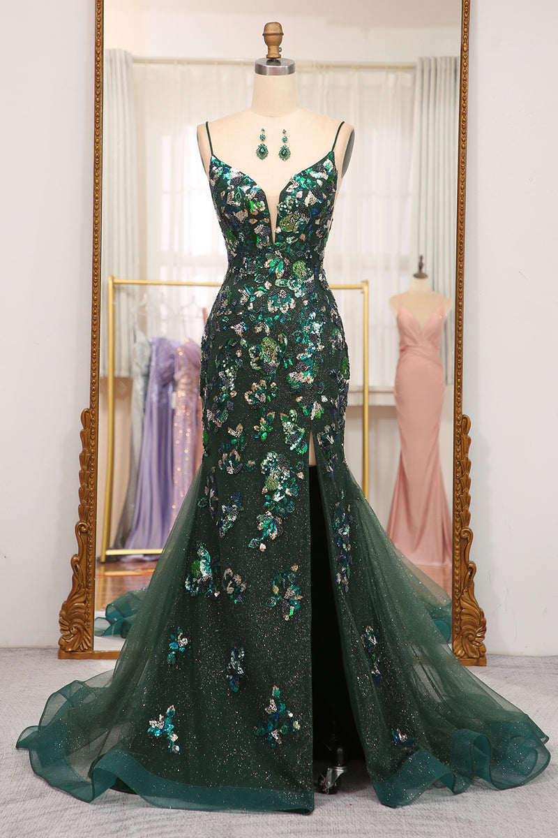 Load image into Gallery viewer, Dark Green Sparkly Mermaid Spaghetti Straps Beaded Prom Dress With Split