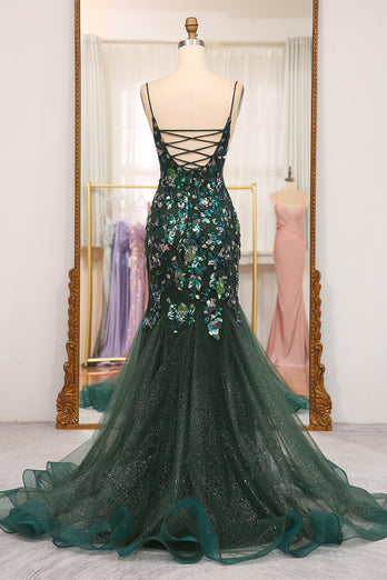 Dark Green Sparkly Mermaid Spaghetti Straps Beaded Prom Dress With Split