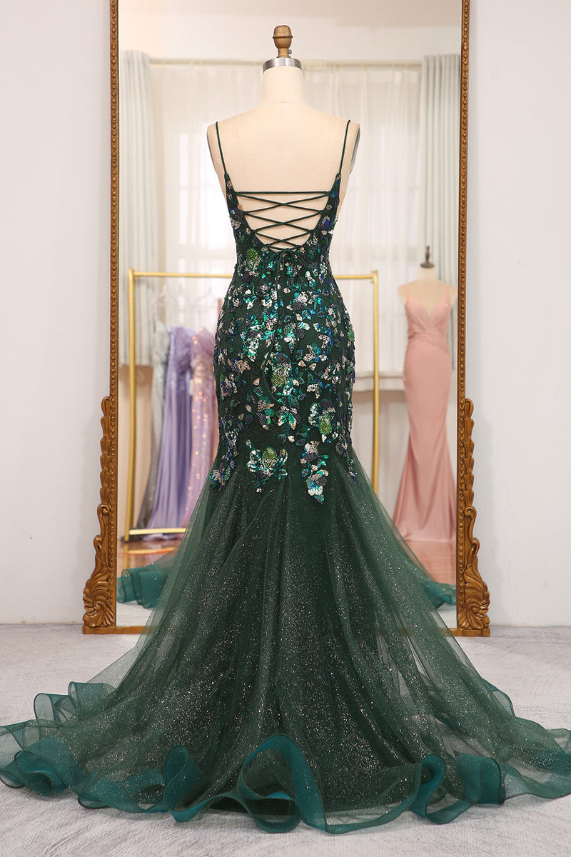 Load image into Gallery viewer, Dark Green Sparkly Mermaid Spaghetti Straps Beaded Prom Dress With Split