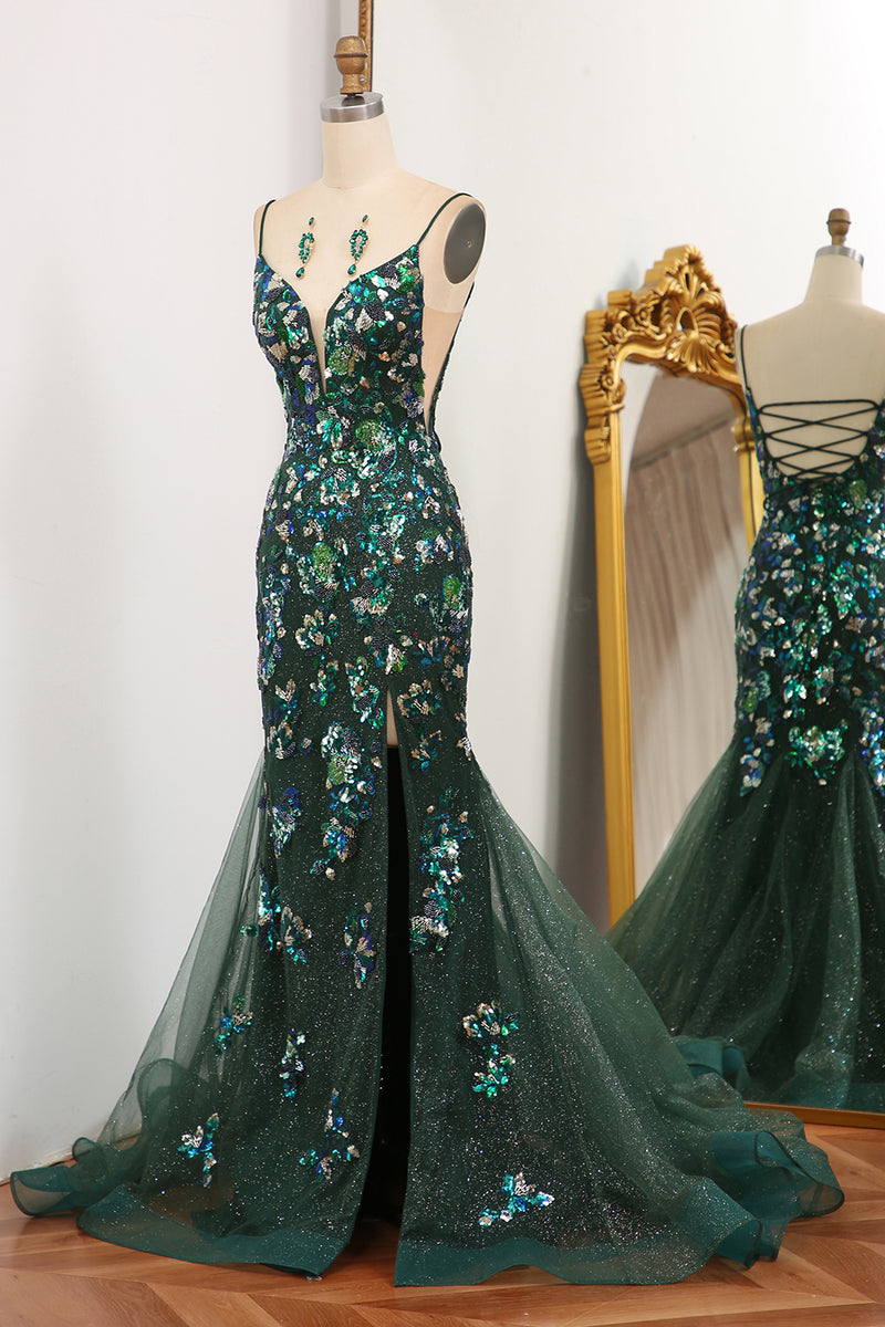 Load image into Gallery viewer, Dark Green Mermaid Spaghetti Straps Beaded Prom Dress With Split