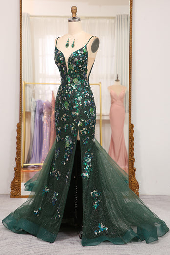 Dark Green Sparkly Mermaid Spaghetti Straps Beaded Prom Dress With Split