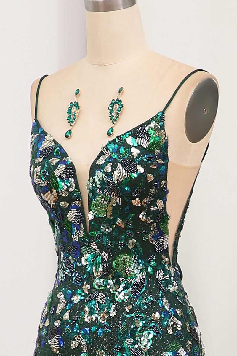 Load image into Gallery viewer, Dark Green Mermaid Spaghetti Straps Beaded Prom Dress With Split