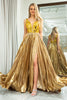 Load image into Gallery viewer, Sparkly A-line Golden V-neck Long Pleated Prom Dress with Slit