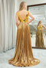 Load image into Gallery viewer, Sparkly A-line Golden V-neck Long Pleated Prom Dress with Slit