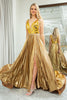 Load image into Gallery viewer, Sparkly A-line Golden V-neck Long Pleated Prom Dress with Slit