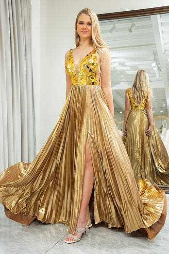 Sparkly A-line Golden V-neck Long Pleated Prom Dress with Slit