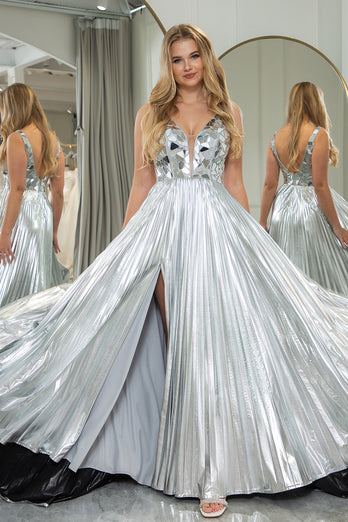 A-line Silver V-neck Long Pleated Corset Prom Dress with Slit