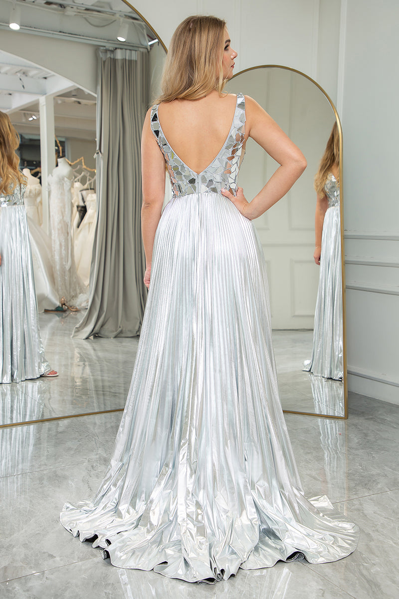 Load image into Gallery viewer, A-line Silver V-neck Long Pleated Corset Prom Dress with Slit