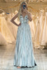 Load image into Gallery viewer, A-line V-neck Silver Long Pleated Prom Dress