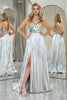 Load image into Gallery viewer, A-line Silver V-neck Long Pleated Corset Prom Dress with Slit