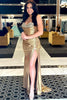 Load image into Gallery viewer, Silver Metallic Strapless Beaded Mermaid Long Prom Dress with Slit