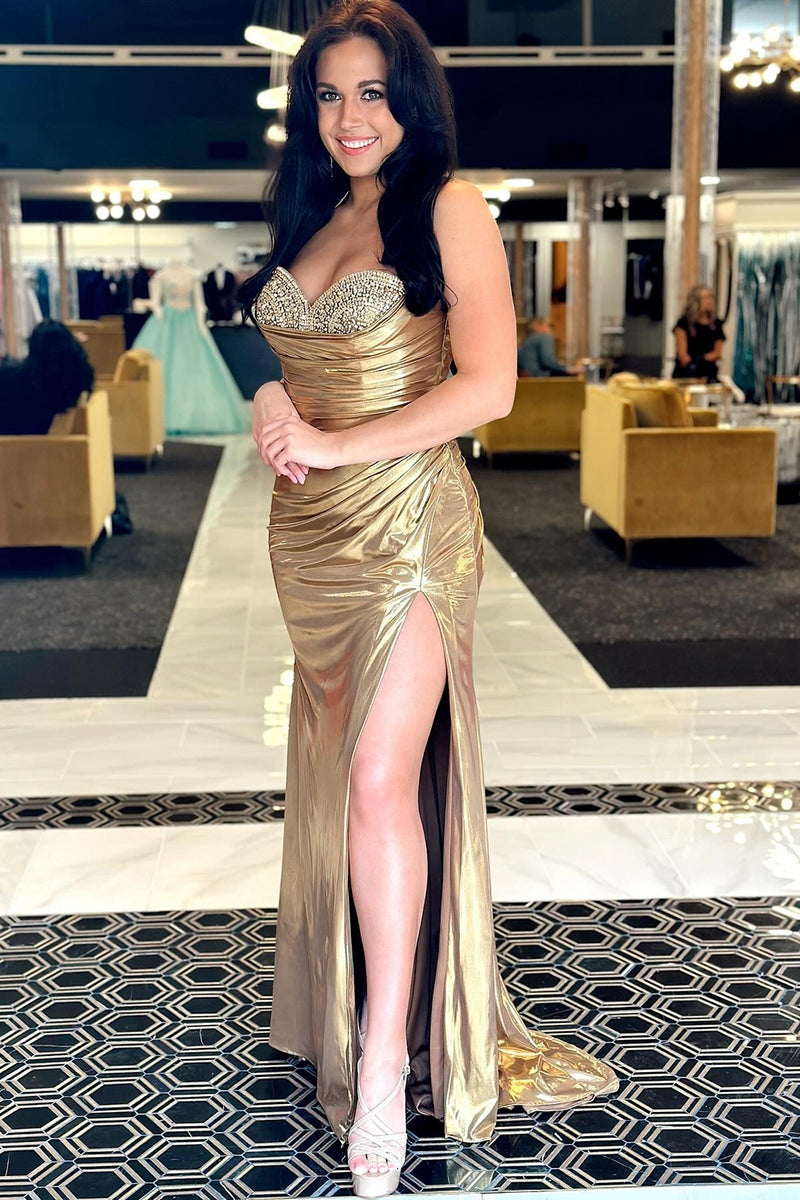 Load image into Gallery viewer, Silver Metallic Strapless Beaded Mermaid Long Prom Dress with Slit