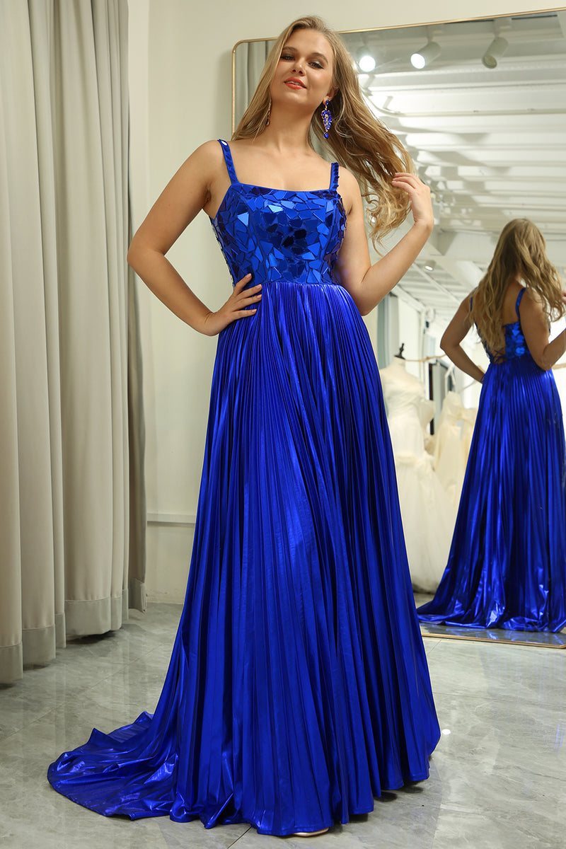 Load image into Gallery viewer, A-line Spaghetti Straps Royal Blue Pleated Prom Dress with Slit