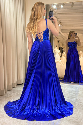 Sparkly A-line Spaghetti Straps Royal Blue Lace-Up Back Prom Dress with Slit