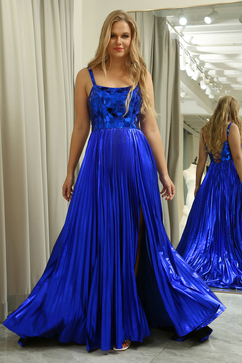 Load image into Gallery viewer, A-line Spaghetti Straps Royal Blue Pleated Prom Dress with Slit