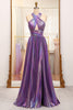 Load image into Gallery viewer, Glitter A-line Dark Purple Halter Neck Pleated Prom Dress