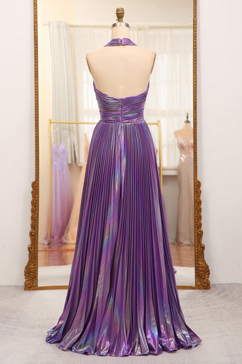 Glitter A-line Dark Purple Halter Neck Pleated Prom Dress