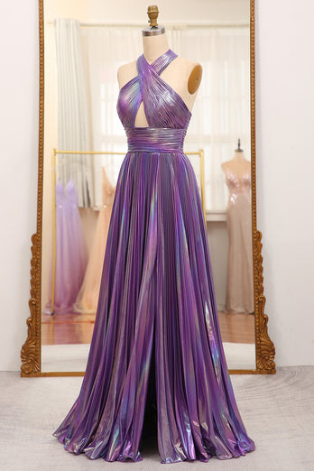 Glitter A-line Dark Purple Halter Neck Pleated Prom Dress