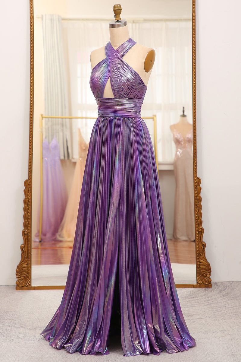 Load image into Gallery viewer, Glitter A-line Dark Purple Halter Neck Pleated Prom Dress