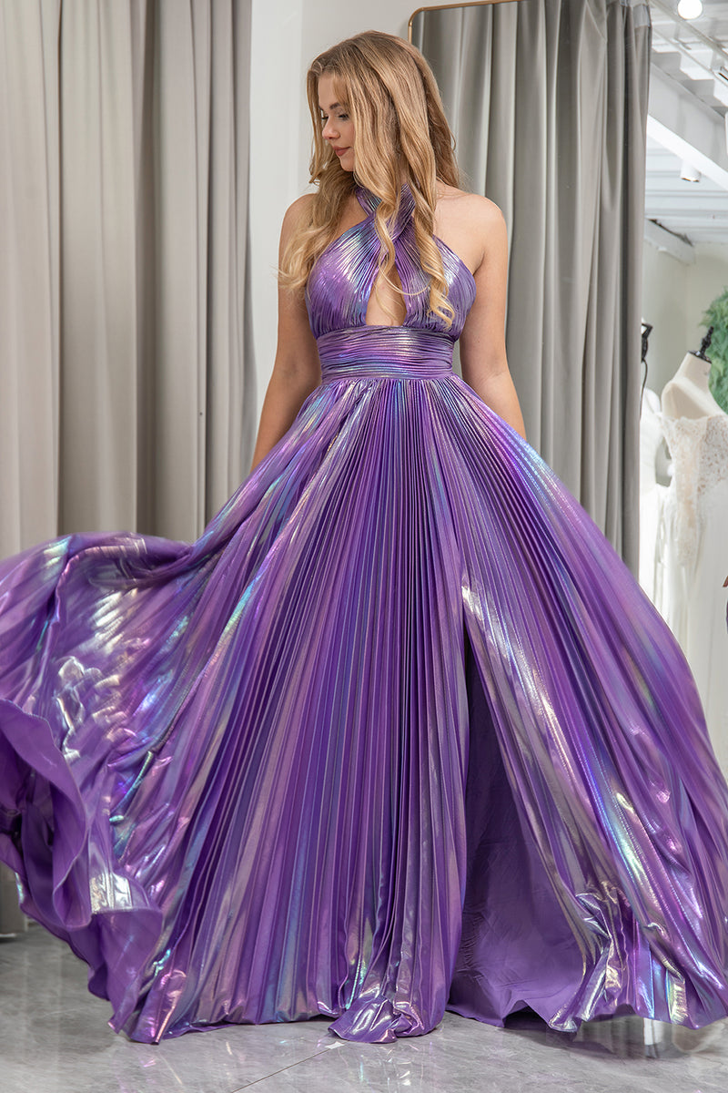 Load image into Gallery viewer, Dark Purple A-line Halter Neck Pleated Prom Dress