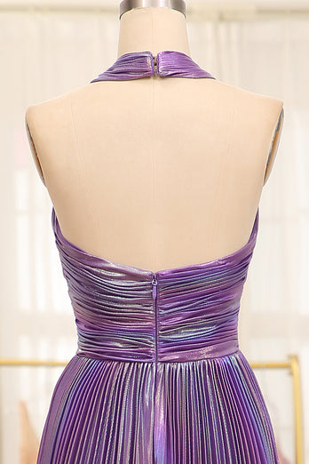 Glitter A-line Dark Purple Halter Neck Pleated Prom Dress