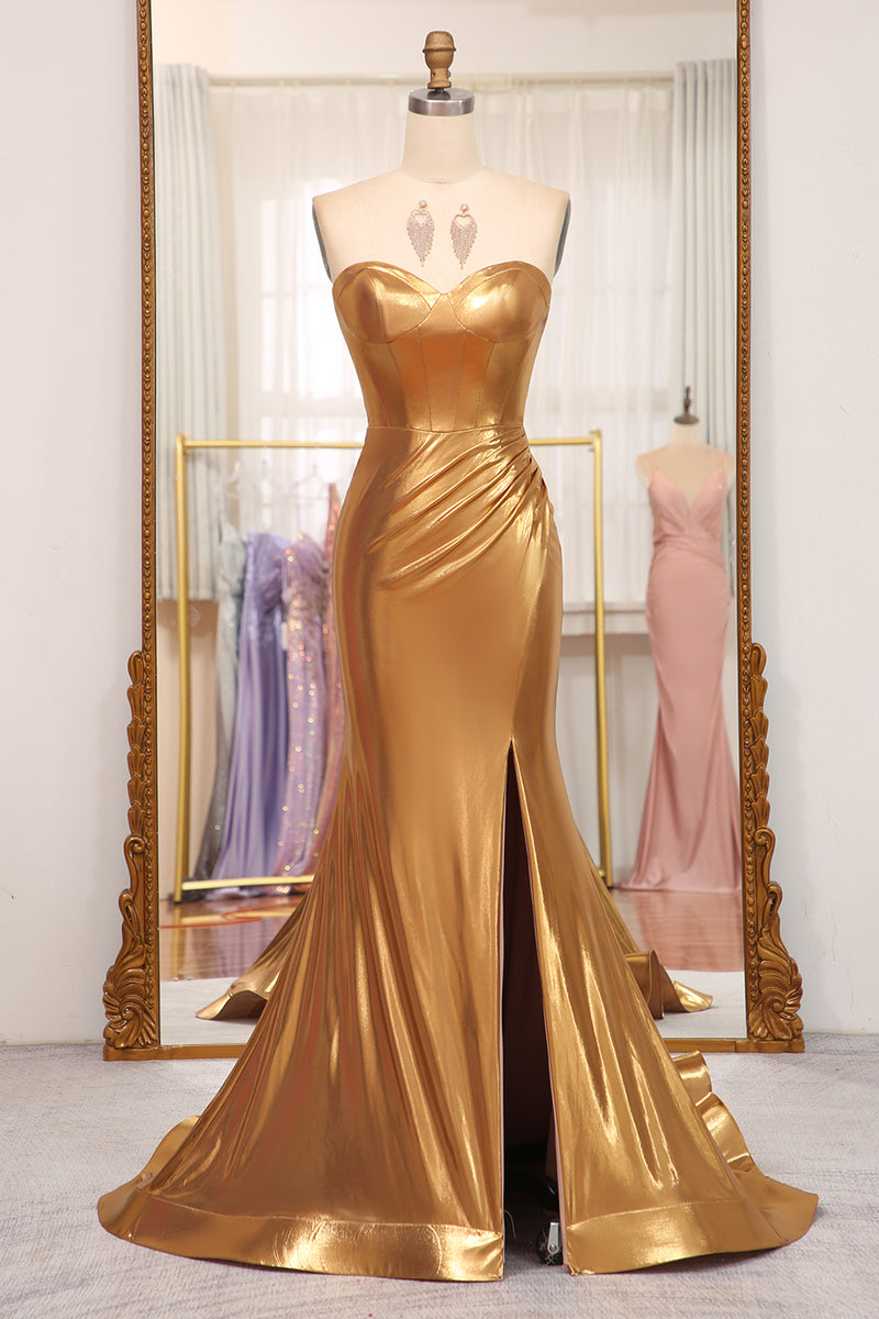 Load image into Gallery viewer, Strapless Mermaid Golden Corset Long Prom Dress with Slit