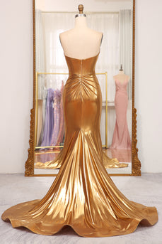 Strapless Mermaid Golden Corset Long Prom Dress with Slit