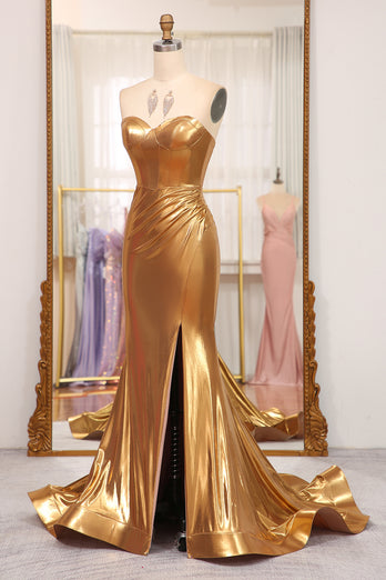 Strapless Mermaid Golden Corset Long Prom Dress with Slit