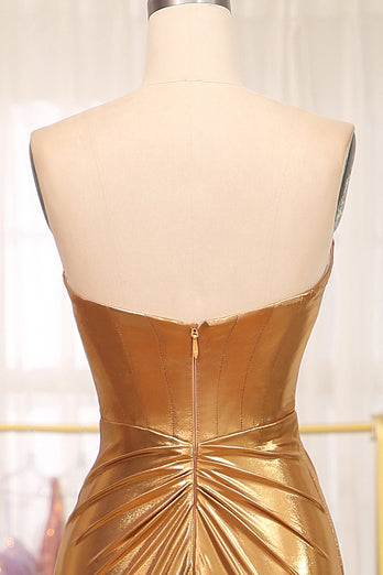 Strapless Mermaid Golden Corset Long Prom Dress with Slit