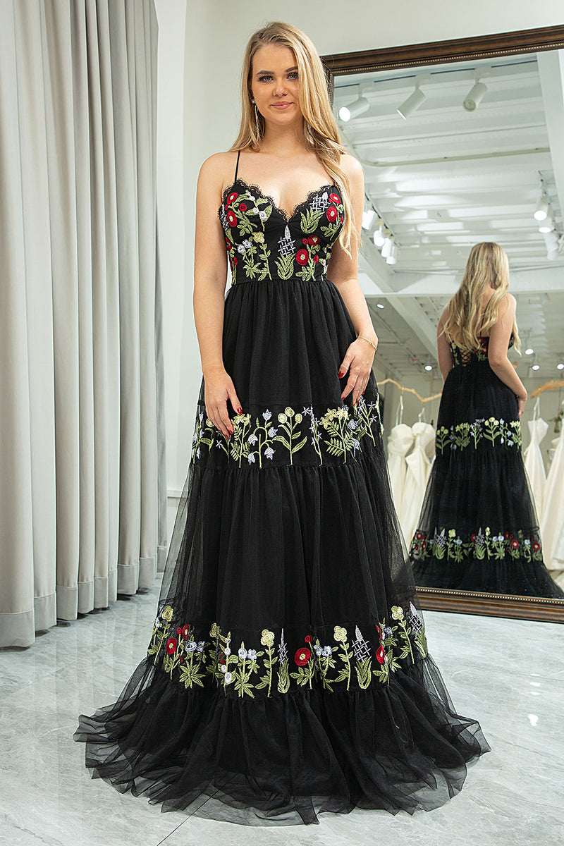 Load image into Gallery viewer, A-Line Spaghetti Straps Black Embroidered Tulle Long Prom Dress