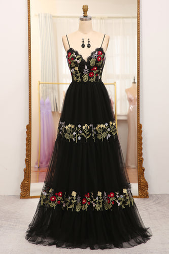 A-Line Black Spaghetti Straps Embroidered Tulle Long Prom Dress