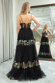 A-Line Spaghetti Straps Black Embroidered Tulle Long Prom Dress