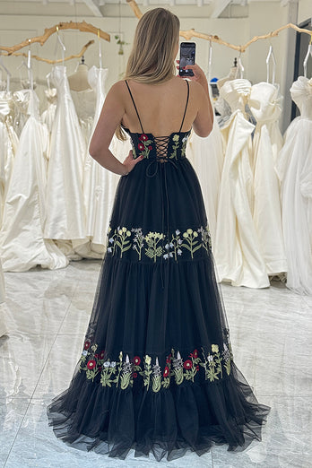 Black A-Line Spaghetti Straps Embroidered Tulle Long Prom Dress