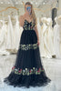 Load image into Gallery viewer, Black A-Line Spaghetti Straps Embroidered Tulle Long Prom Dress