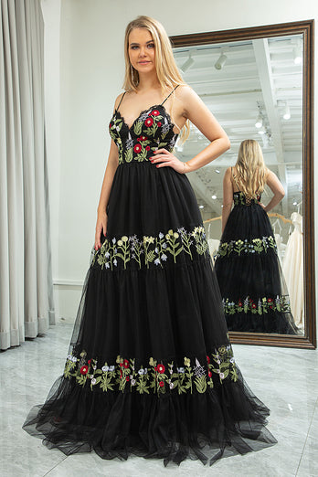 A-Line Spaghetti Straps Black Embroidered Tulle Long Prom Dress