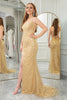 Load image into Gallery viewer, Golden Mermaid Spaghetti Straps Sequin Prom Dress With Slit