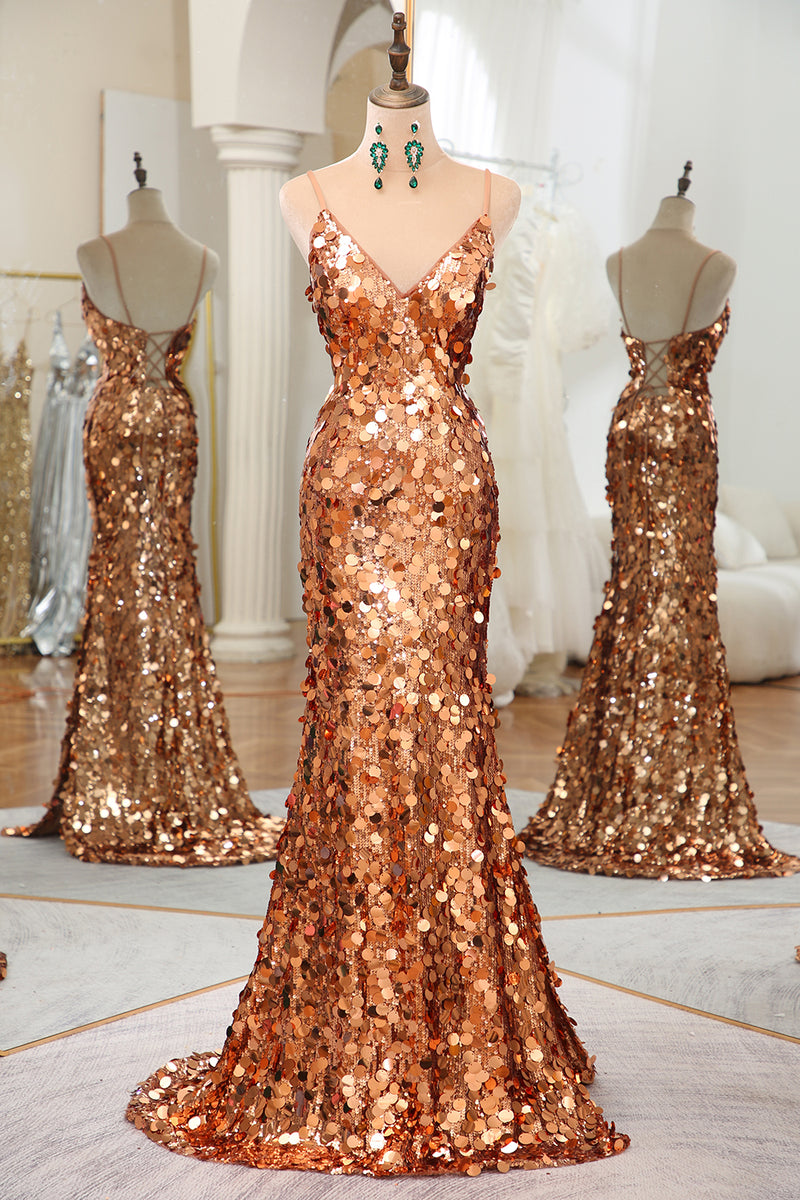 Load image into Gallery viewer, Sparkly Rose Golden Mermaid Spaghetti Straps Sequin Prom Dress With Slit