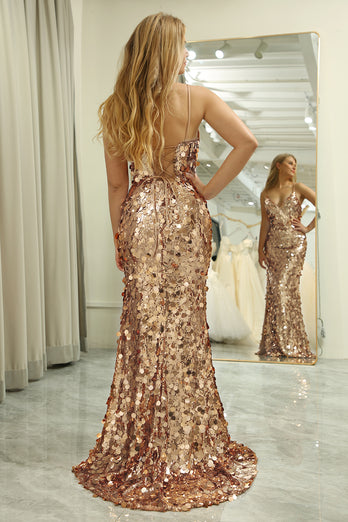 Sparkly Golden Mermaid Spaghetti Straps Sequin Prom Dress With Slit