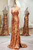 Load image into Gallery viewer, Sparkly Rose Golden Mermaid Spaghetti Straps Sequin Prom Dress With Slit