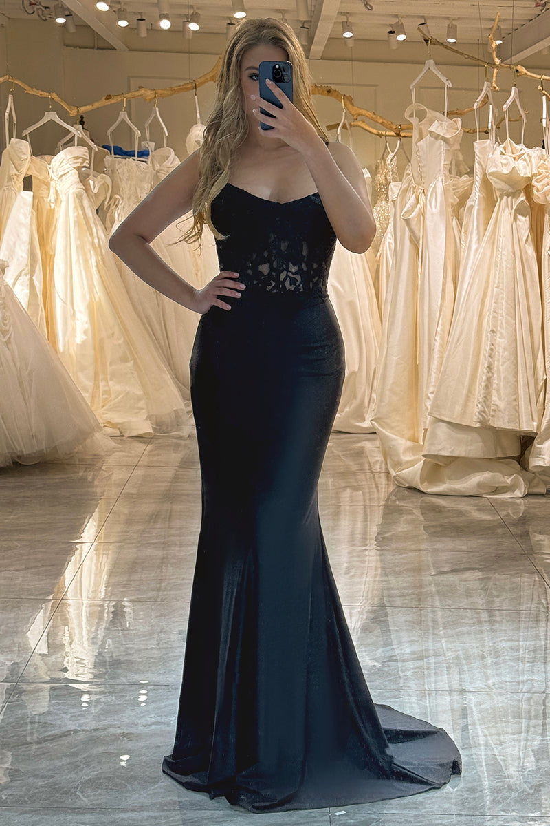 Load image into Gallery viewer, Mermaid Spaghetti Straps Black Corset Prom Dress With Appliques