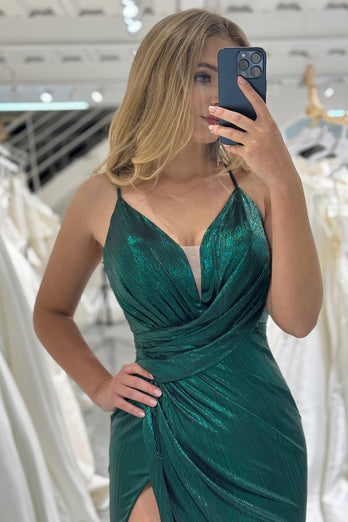 Mermaid Spaghetti Straps Dark Green Long Prom Dress with Slit