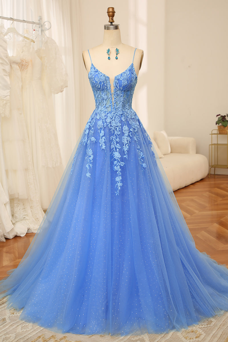 Load image into Gallery viewer, Blue A-Line Spaghetti Straps Tulle Long Prom Dress With Appliques