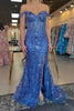 Load image into Gallery viewer, Sparkly Golden Mermaid Corset Off the Shoulder Sequins Long Prom Dress with Slit