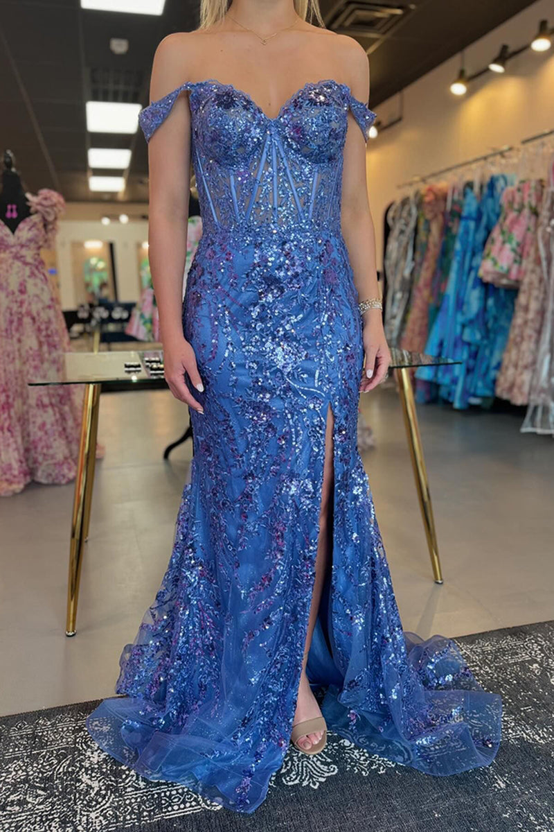 Load image into Gallery viewer, Sparkly Golden Mermaid Corset Off the Shoulder Sequins Long Prom Dress with Slit