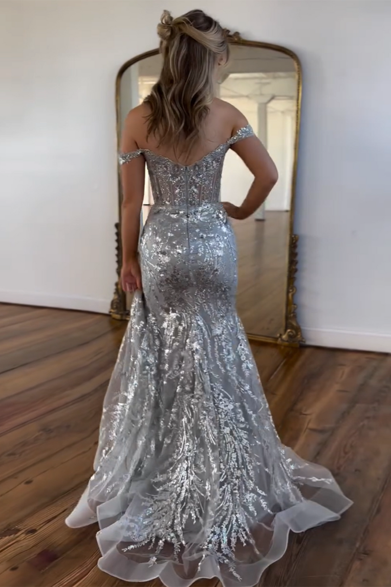 Load image into Gallery viewer, Sparkly Golden Mermaid Corset Off the Shoulder Sequins Long Prom Dress with Slit