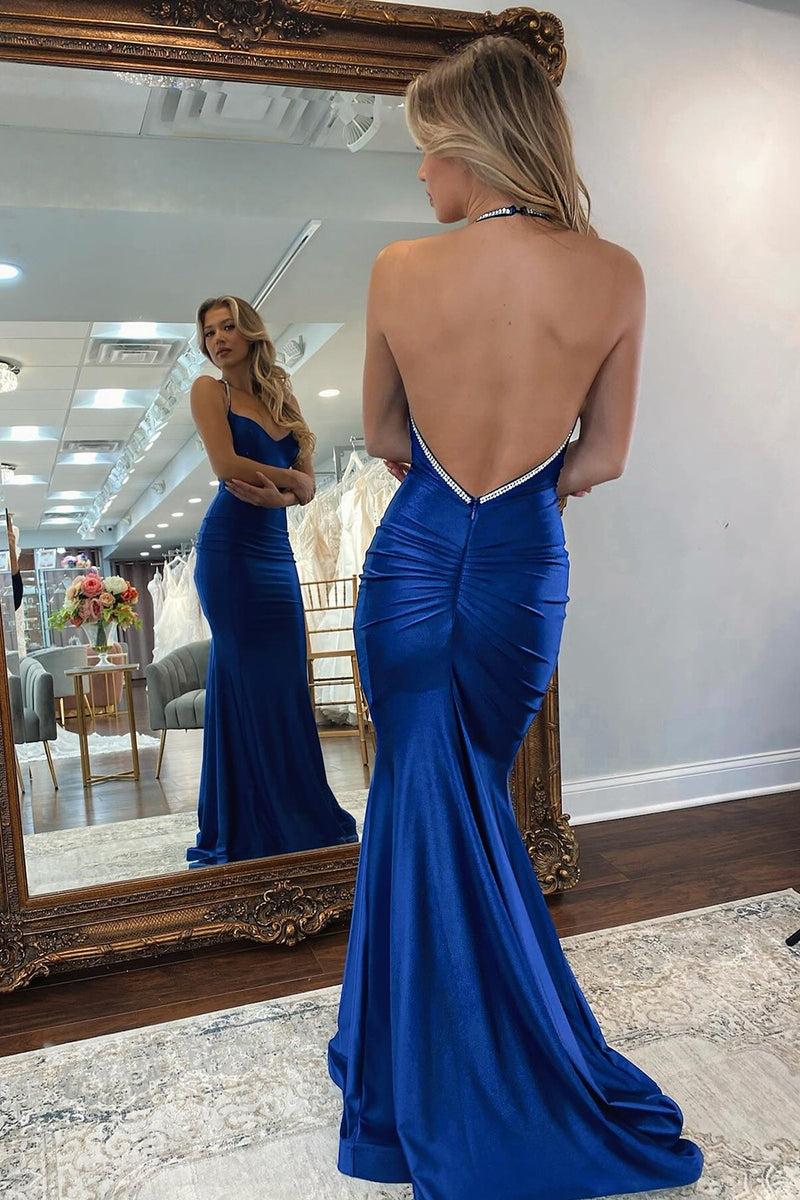 Load image into Gallery viewer, Halter Royal Blue Mermaid Backless Floor-Length Prom Dress with Slit