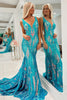 Load image into Gallery viewer, Blue Mermaid Deep V-Neck Long Prom Dress with Sequins