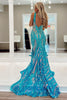 Load image into Gallery viewer, Blue Mermaid Deep V-Neck Long Prom Dress with Sequins