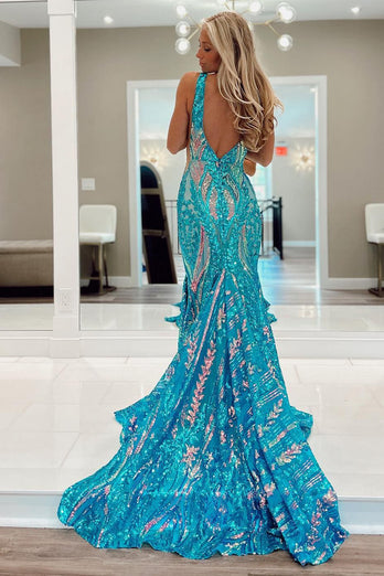 Blue Mermaid Deep V-Neck Long Prom Dress with Sequins